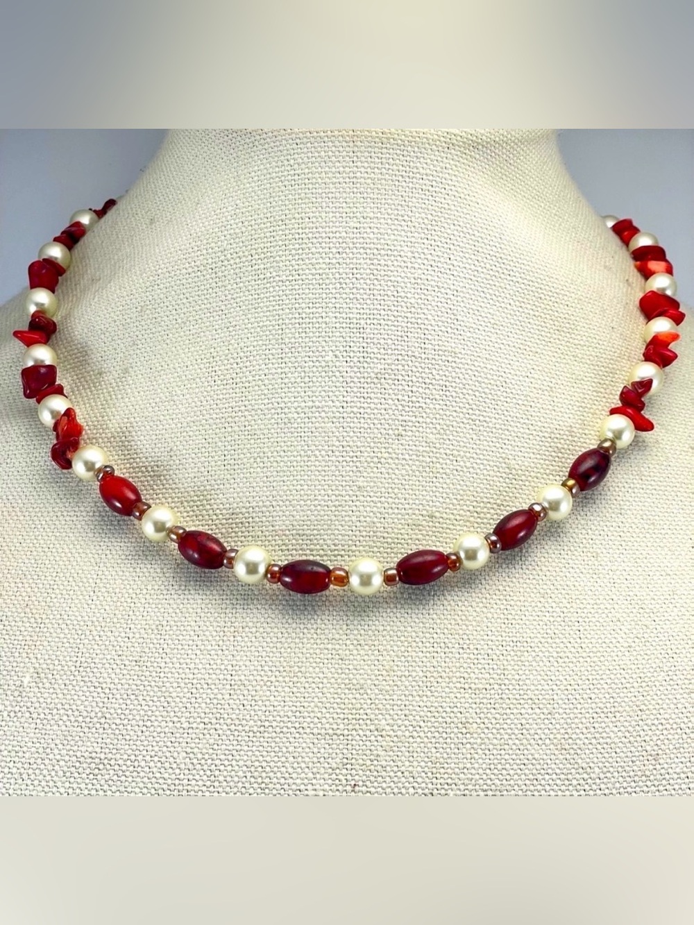 Artisan Handmade Crafted Lamp Work Glass Pearl Red Coral Beaded Boho Necklace